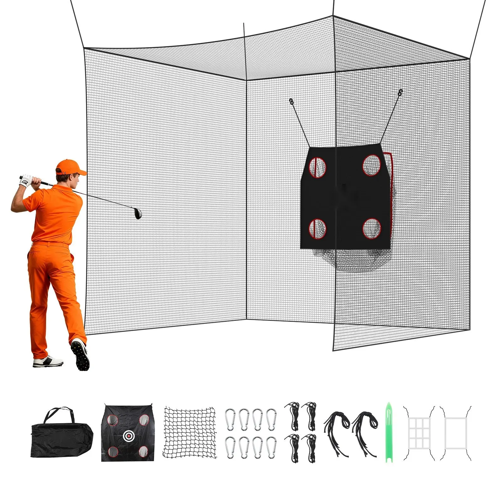 Golf Batting Cage 10 X 10 X 10 Ft With 3-Ply Knotless Polyester Net, Indoor Outdoor Hitting Cage Including 9-Hole Baseball Target, Golf Practice Net For Backyard Drive Pitching And Rebound Net
