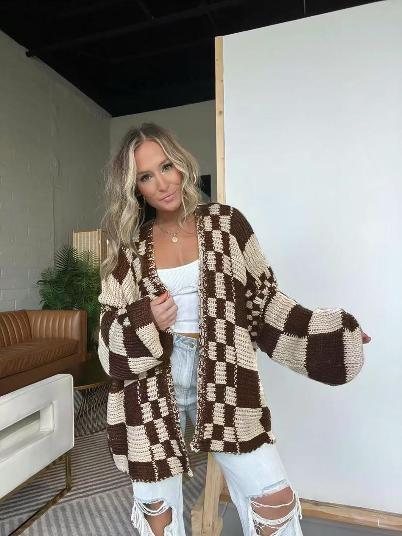 Women's Plaid Checkered Knit Cardigan, Lantern Sleeve Loose-Fitting Sweater, Casual Fall & Winter Fashion, Unique Design, New Arrival