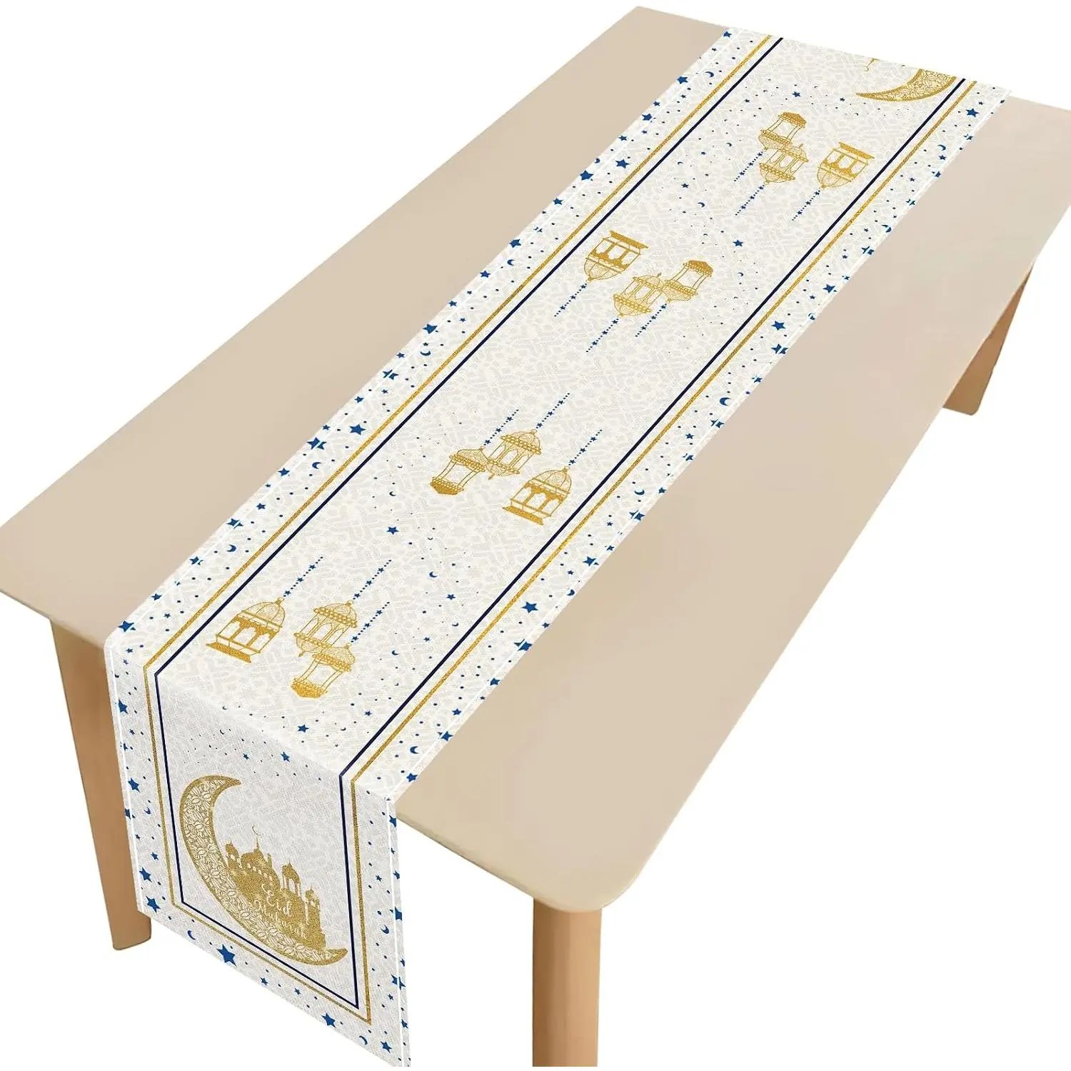 Eid Mubarak Table Runner Decoration, Ramadan Mosque  Moon Stars Islamic Happy Holiday for Dining Party Table Decorations ,13x72 Inches (Beige)