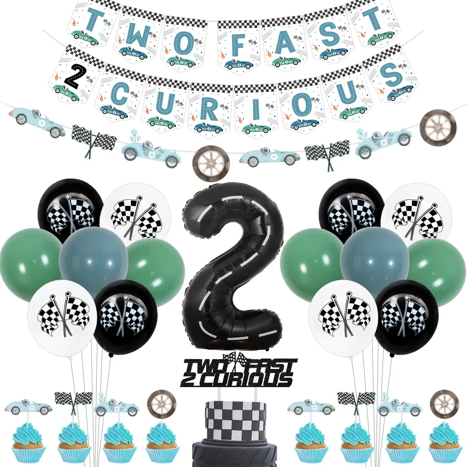1Set Two Fast Two Curious 2anniversary Birthday Decoration Race Car Party Pack with Banner Garland Cake  Cupcake Toppers Number 2 Foil Balloon BlueGreen Helium Supported