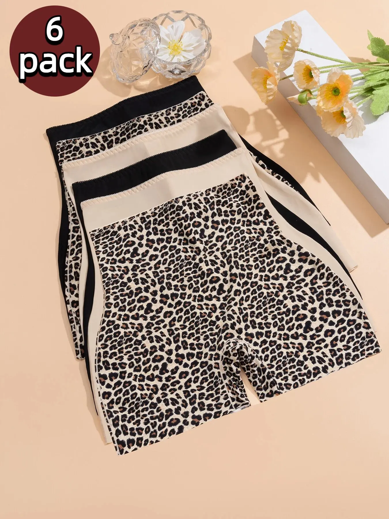 Fashion Leopard Print High Waist Boxer Shorts, Elastic Waist Shorts, Ice Silk Comfortable Seamless Underwear, Breathable Sport Yoga Pants, 6 Pcs Set