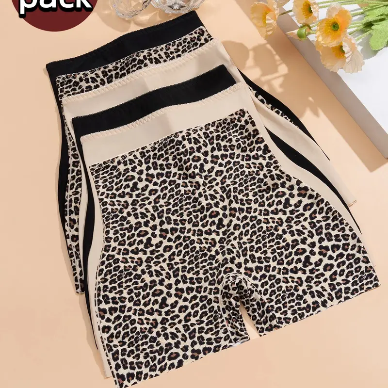 Fashion Leopard Print High Waist Boxer Shorts, Comfortable Seamless Underwear, Breathable Sport Yoga Pants, 6 Pcs Set, Breathable Comfy Shorts, Breathable Lightweight Shorts, Inner Shorts