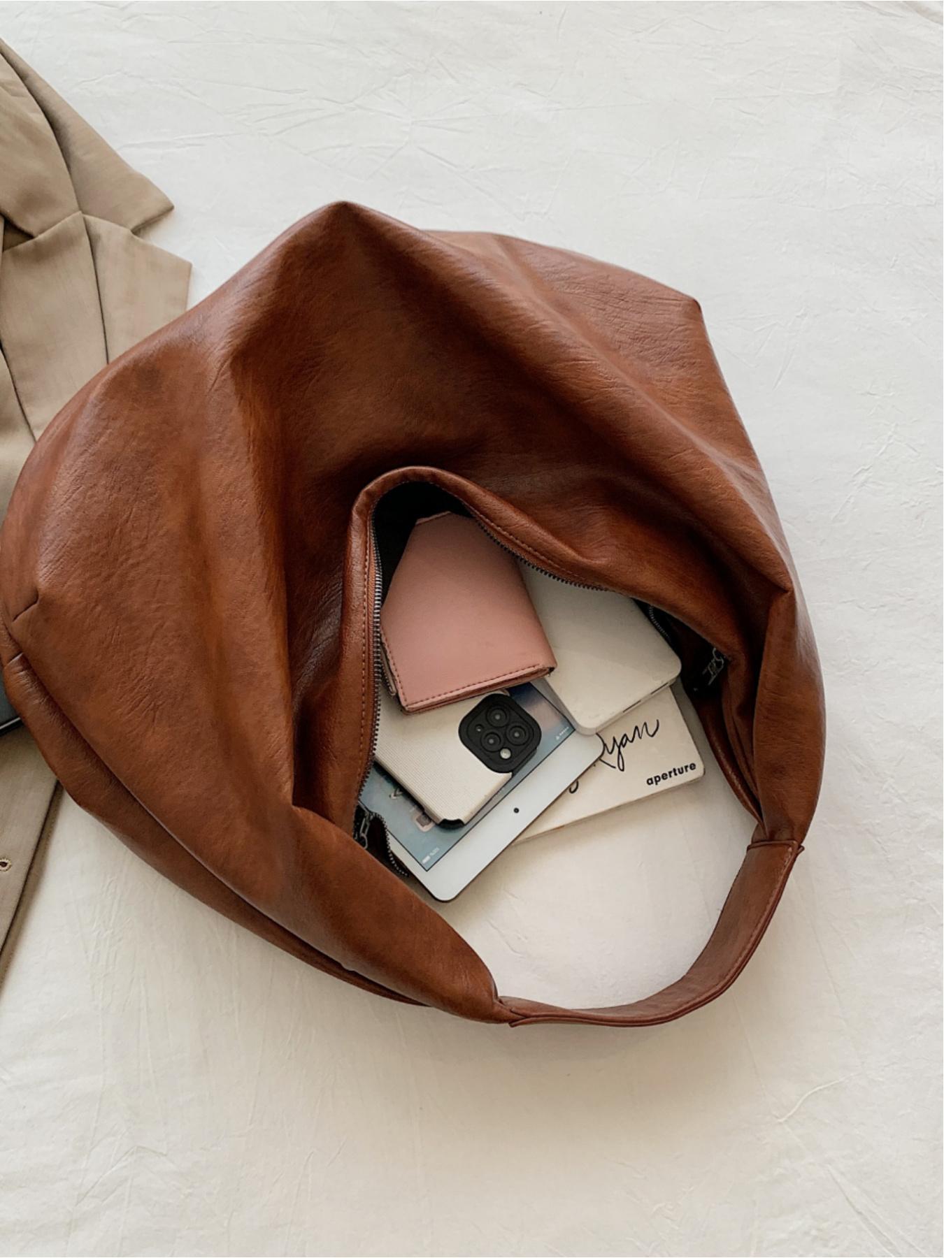 Women's Solid Color Large Capacity Tote Bag, Fashionable PU Leather Shoulder Bag for Work & School, Casual Trendy Versatile High-quality Daily Commuting Bag