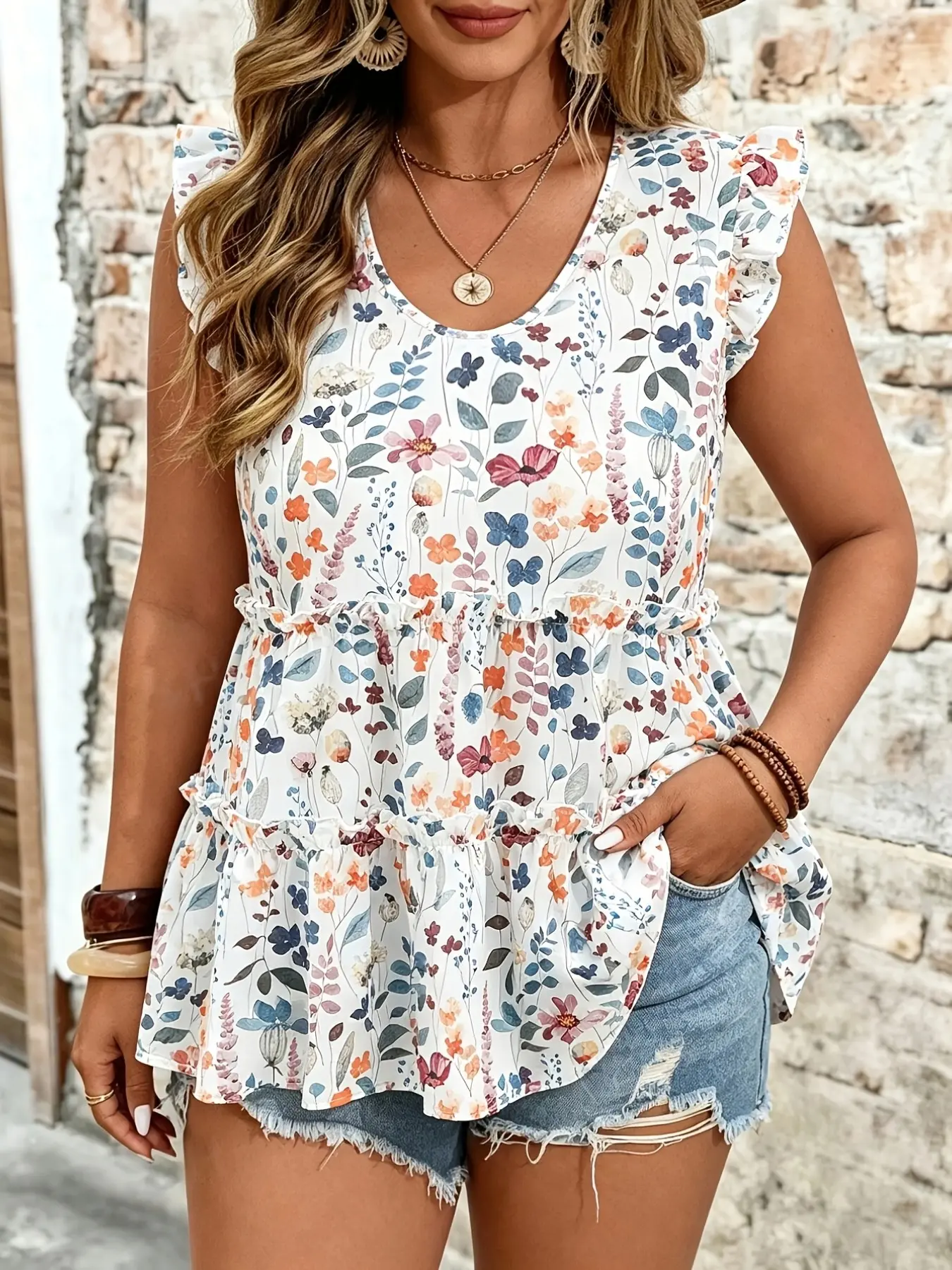 Women's Plus Size Ditsy Floral Ruffled Sleeveless V-Neck Tiered Blouse Shirts, Lightweight Breathable Feminine Boho Summer Top for Daily and Casual Wear