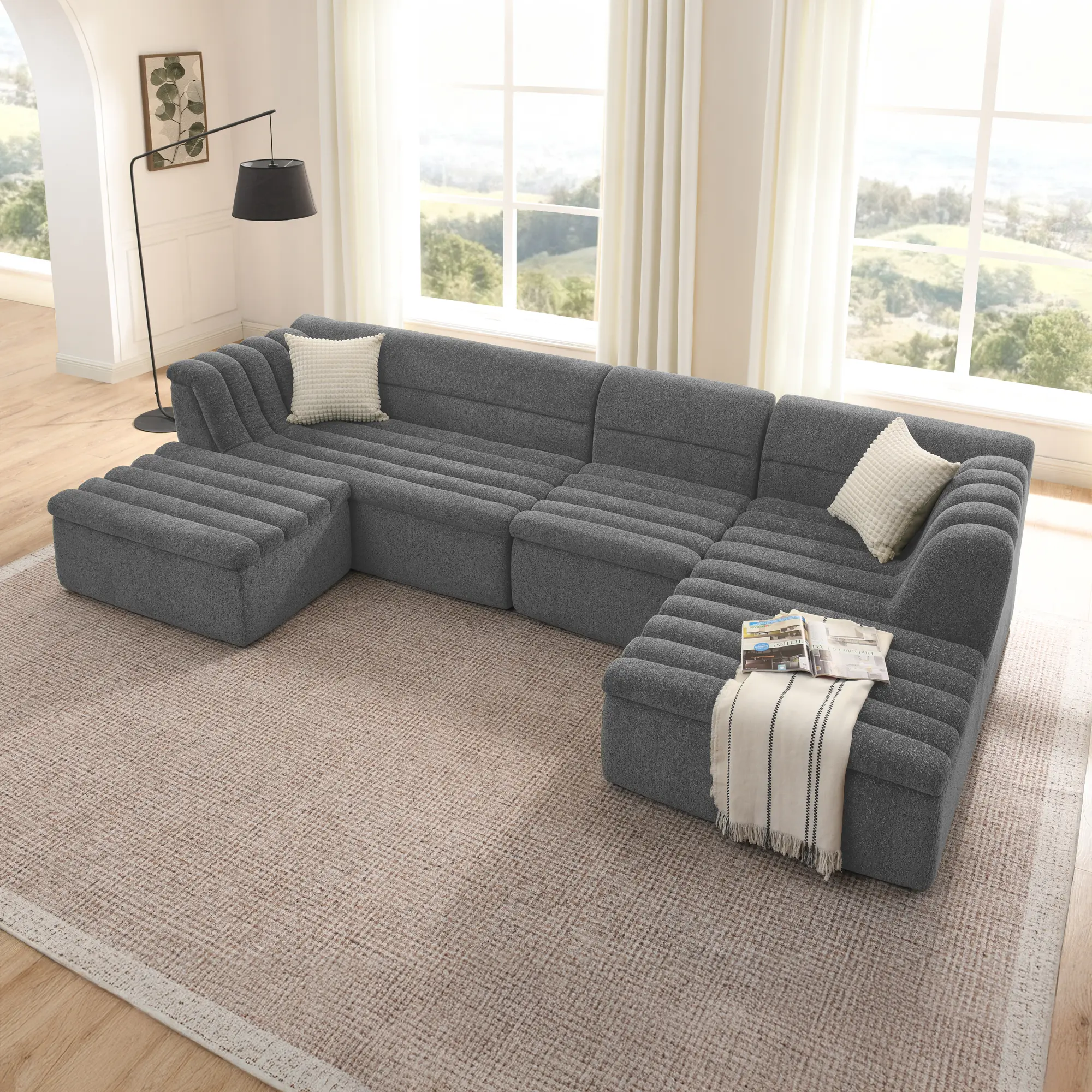 ARCH 135" U-Shaped Modular Sectional Sofa with Chaise and Movable Ottoman for Living Room, Chenille Upholstered Boneless Couch with Wave Armrest, Dark Grey, 5-Seat, No Assembly Required, Medium-Soft Comfort, DARK GREY Color Options