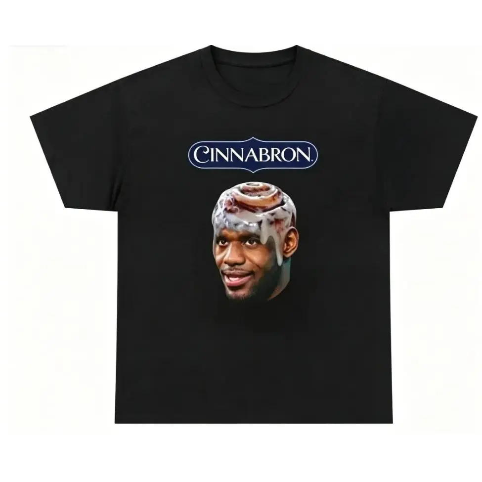Cinnabron LeBron James Cinnamon Roll Meme Graphic Tee Summer Cool 100% Cotton Funny Basketball Viral Internet Casual Top Unisex Black Crewneck
