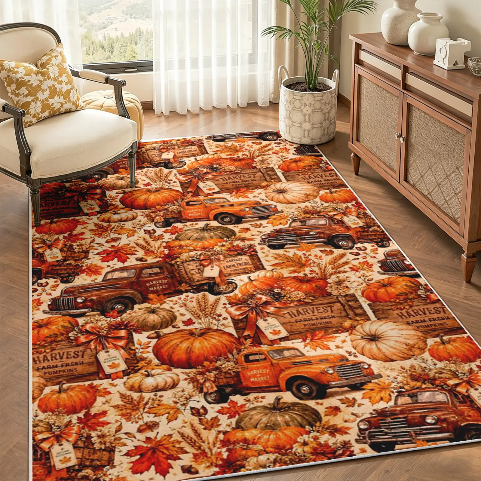 1pc 8x10 Rustic Fall Harvest Area Rug , Vintage Truck Pumpkin Farm Pattern , Cozy Plush Soft Faux Cashmere , Non Slip Bottom , Living Room & Bedroom Deocr , Rugs For Living Room , Aesthetic Room Decor , Alfombras Para Sala