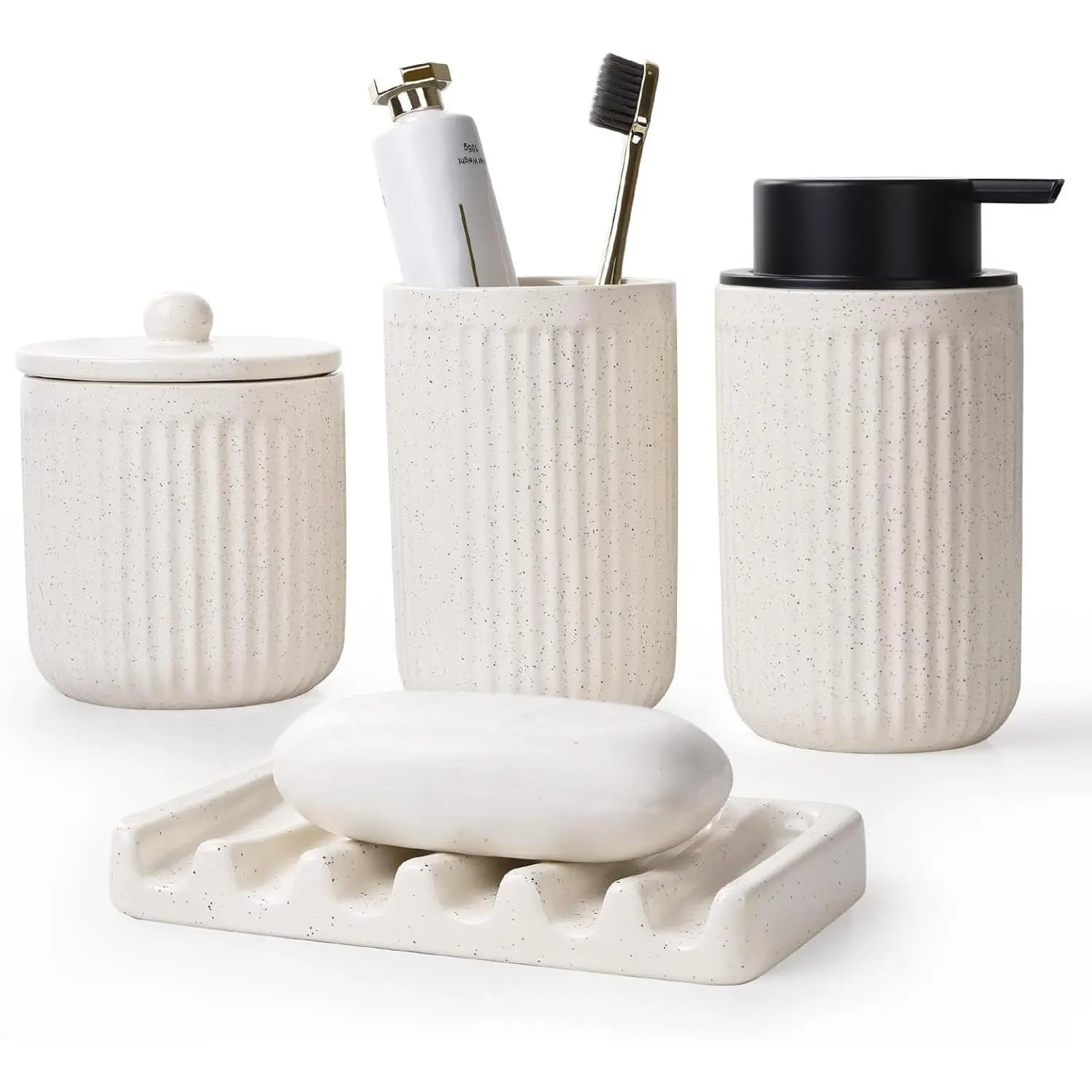 Ceramic Bathroom Accessories Set - Bathroom Counter Soap Set Beige Bathroom Decor Sets Accessories Bathroom Lotion Soap Dispenser and Toothbrush Holder Set, Soap Dish, Apothecary Jars
