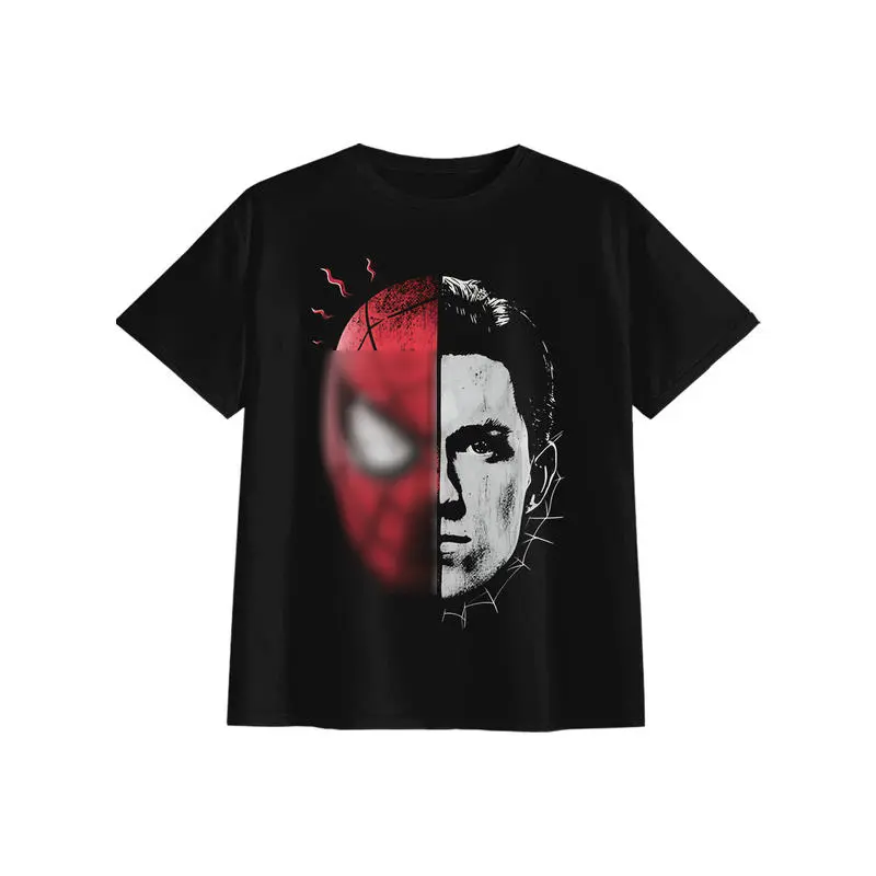 Split Half Face Portrait Print Red Web Mask Side Monochrome Male Face Graphic Thin Spider Web Line Accent Layout Design Dual Identity Hero Dark Fantasy Streetwear T-Shirt, Vintage Washed Retro Distressed Dark Acid Grunge Black Crew Neck Unisex Tee