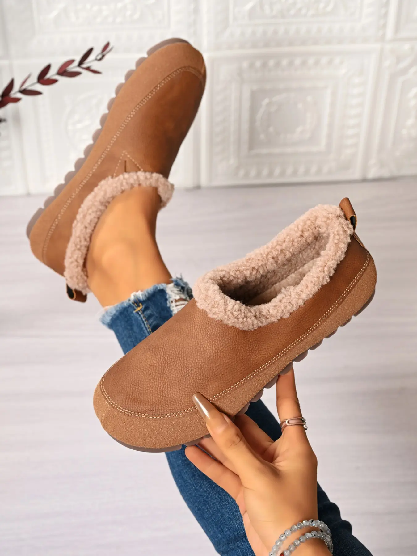 Women's Retro Fuzzy Trim Snow Boots, Thick Warm Fleece Lining Anti-Slip Flat Sole, Casual Winter Shoes, Three Colors Available