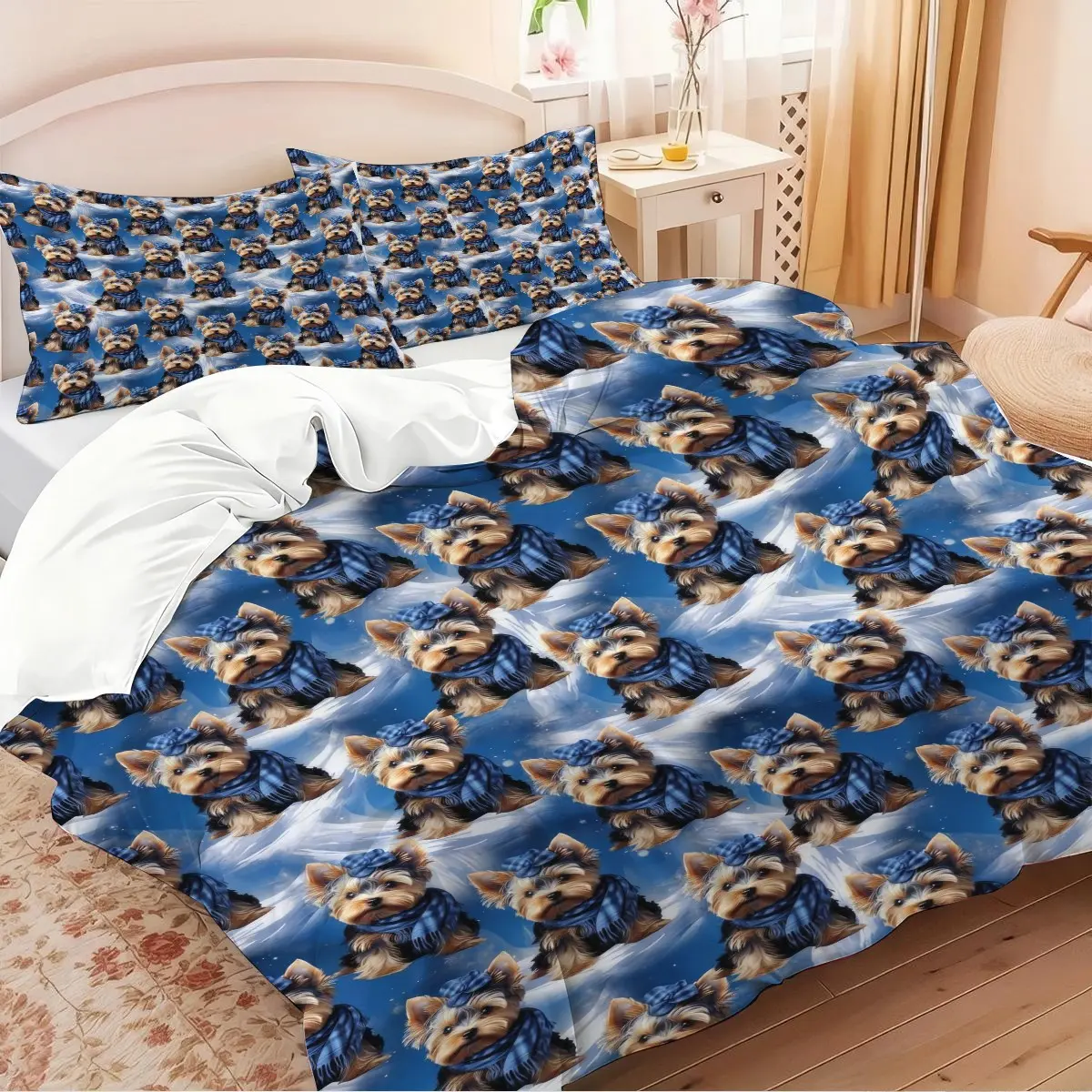2/3Pcs Cute Yorkshire Terrier Print Duvet Cover Set, Adorable Puppy Pattern Bedding Set, Soft and Breathable Microfiber Material, Suitable  for children and adolescents Bedroom Decor, 1 or 2 Coreless pillowcase,Zipper Closure,Twin Full Queen King Size