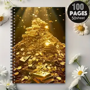 Golden treasure coins and gold bars art A5 spiral notebook, golden spiral, student and office records, meeting and class notes, professional portable planner