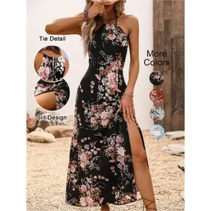 Women's Floral Print Split Thigh Halter Dress, Elegant Chic Boho Style Tie Back Design Long Dress for Spring Summer Fall, Bohemian