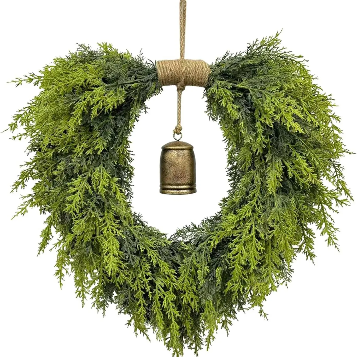 20-Inch Heart Shaped Wreath for Front Door Decor, Plant Mimic with Rustic Bells, Waterproof Fade-Resistant Christmas Decoration