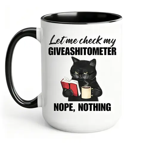 Ceramic Cup - Single Black Cat Kitchenware Mug with Humorous Giveashitometer Quote, Don't Care Design, Birthday Gift Ideas for Animal Lovers, Casual Mugs, Gifts
