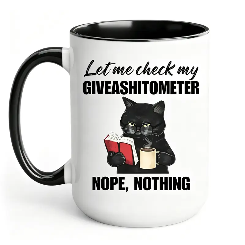 Ceramic Cup - Single Black Cat Kitchenware Mug with Humorous Giveashitometer Quote, Don't Care Design, Birthday Gift Ideas for Animal Lovers, Casual Mugs, Gifts