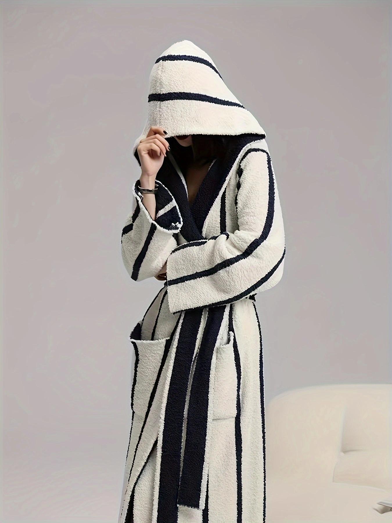 [COZY Soft Plush Feel] Women's Striped Print Long Sleeve Bathrobe, Casual Soft Comfortable Warm Oversized Hooded Robe, Ladies Sleepwear & Loungewear for Fall & Winter