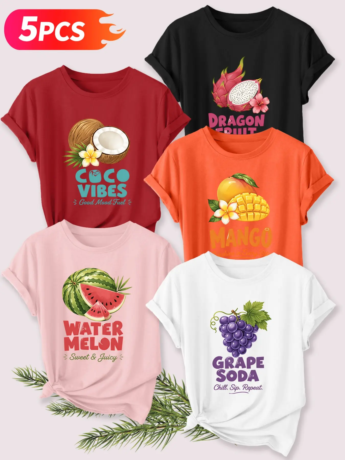 5Pcs Women Crew Neck T-shirt, Coconut Mango Watermelon Grape Tropical Summer Fruit Print, Lightweight Soft Summer Casual T-shirt