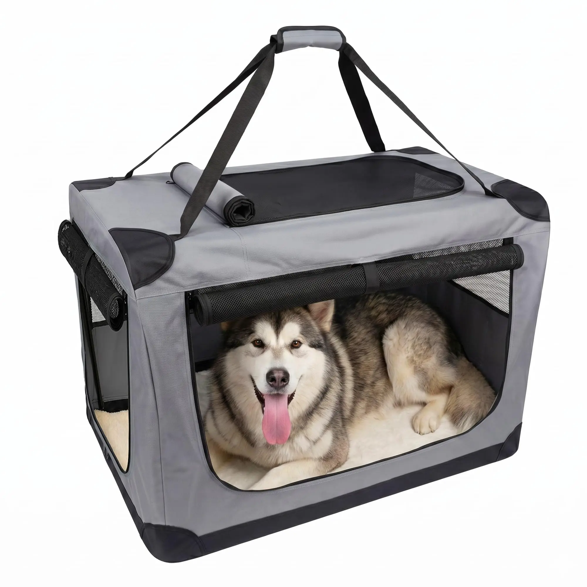 Collapsible Soft Dog Crate for Medium Dogs - 3-Door Portable Travel Kennel - Washable 600D Cover, Removable Soft Pad, Metal Frame, Safety Zippers - Indoor Outdoor Collapsible Dog Cage