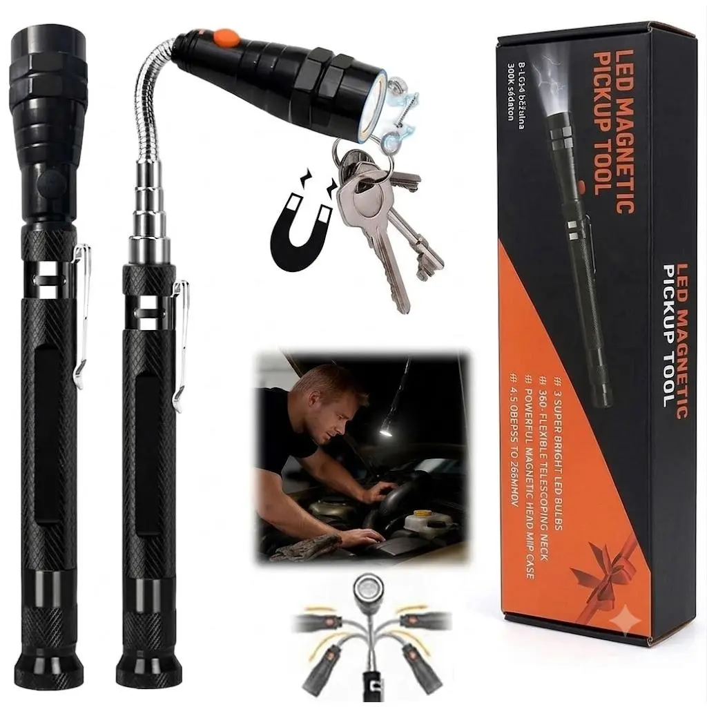 Automotive Car Body Repair Telescoping Magnetic Pickup Tool for Cars, Metal Construction, LED Light, Flexible Bendable Neck, Double-Headed Design - Ideal Christmas/Fathers Day Gift for Men