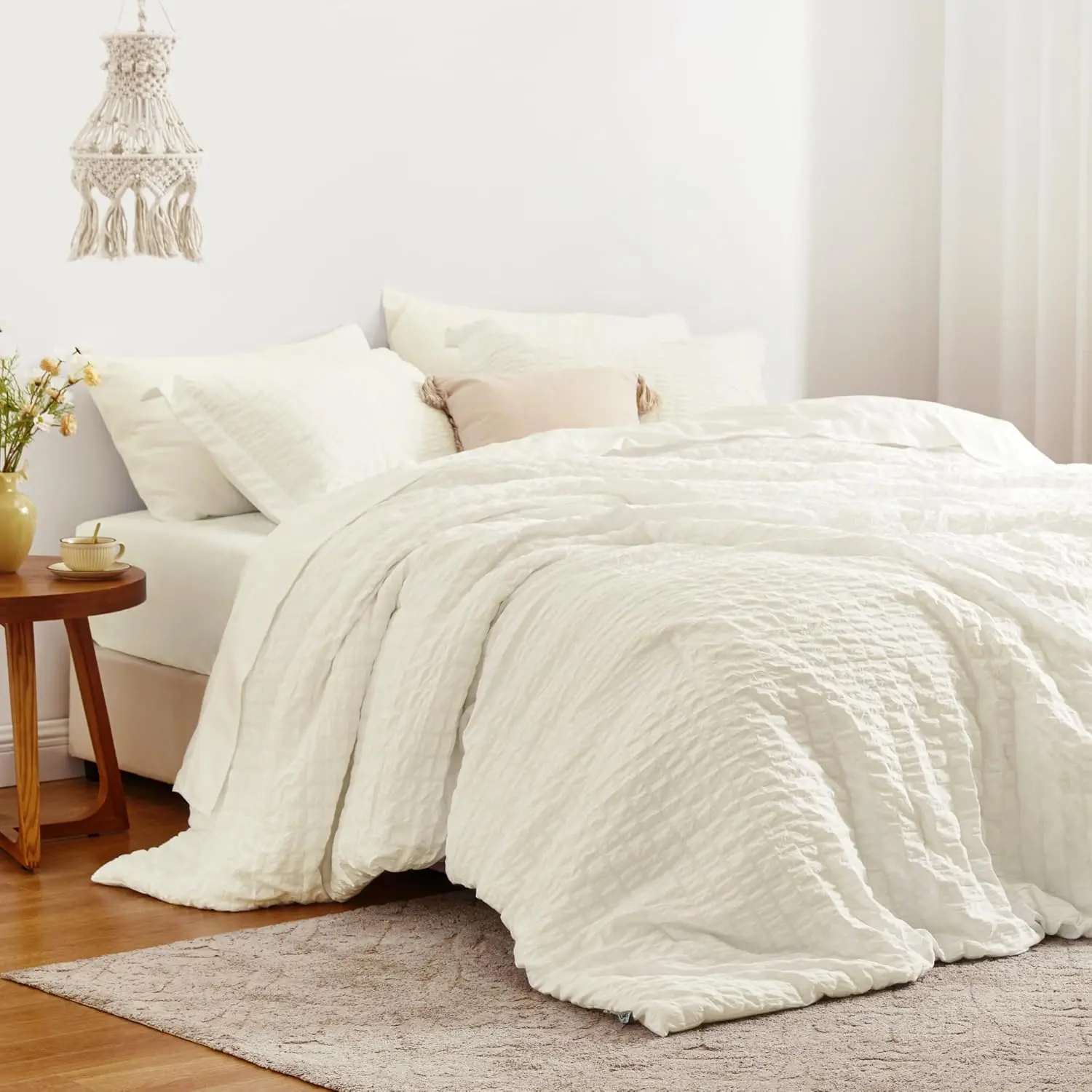 Seersucker Ivory Full Comforter Set,  All Season Lightweight Bed in a Bag Bedding Set with Comforter, Flat Sheet, Fitted Sheet, Pillowcases and Shams