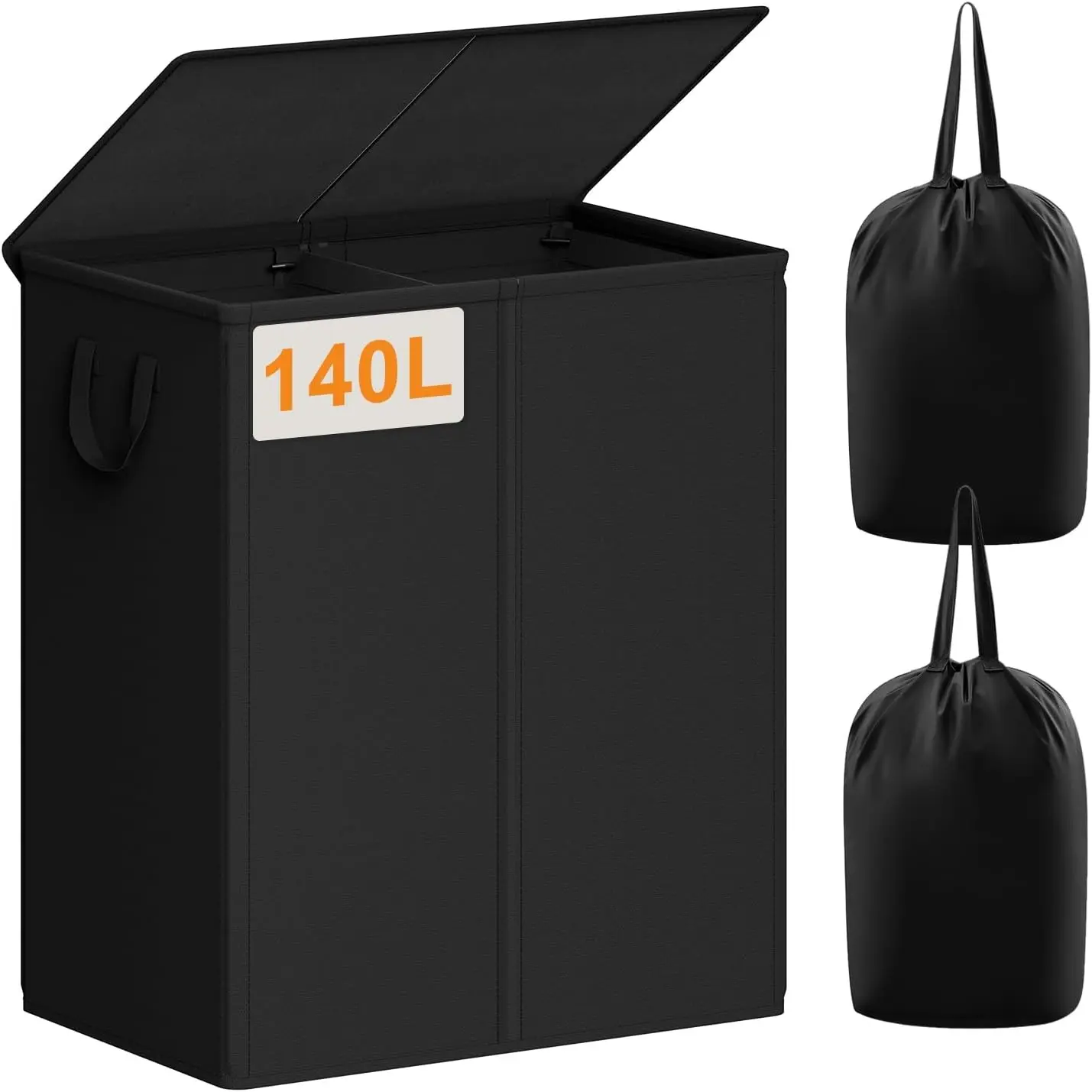 140L Laundry Hamper 2 Section, Double Laundry Basket with Lid, Large Dirty Clothes Hamper with Removable Liner Bags, Collapsible Laundry Organizer for Bedroom, Dorm, Black