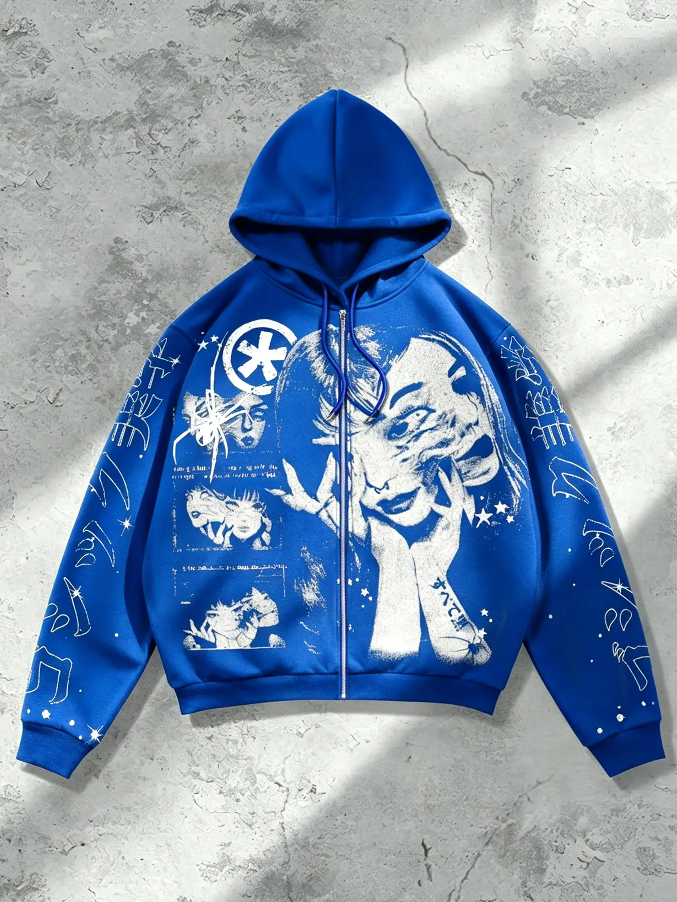 Klein Blue Japanese Style Hooded Zip-Up Jacket, Spider Comic All-Over Print, Loose-Fit Warm Streetwear for Men and Women, Y2K Subculture Fashion