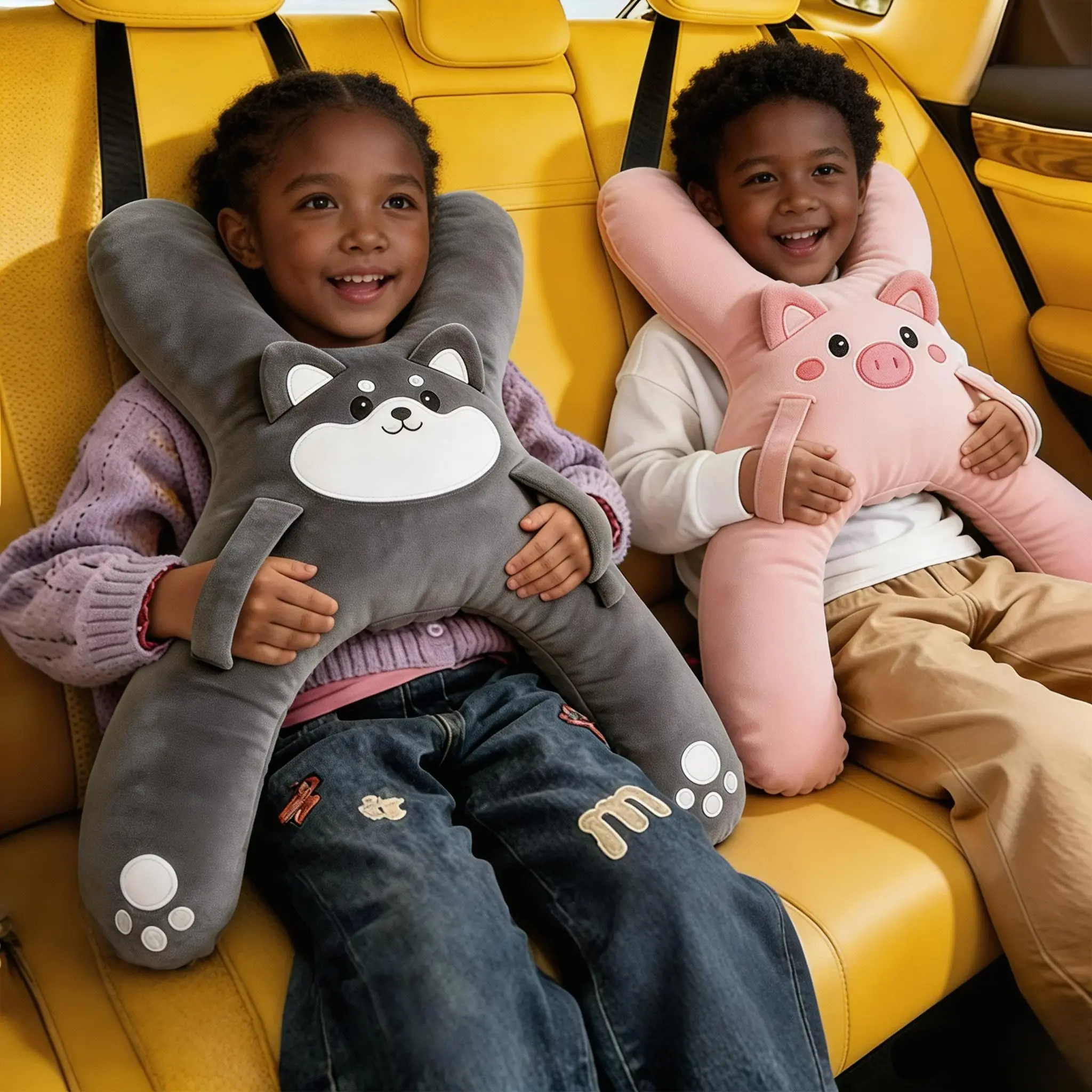 Kids Car Neck Pillow - H-Shape Ergonomic Neck Support, Adjustable Strap Buckle, Soft Hypoallergenic Easy-to-Clean Machine Washable Fabric, PP Cotton Fill, Child Seat Belt Protector for Safe Long-Journey Sleep (Animals Design Option)