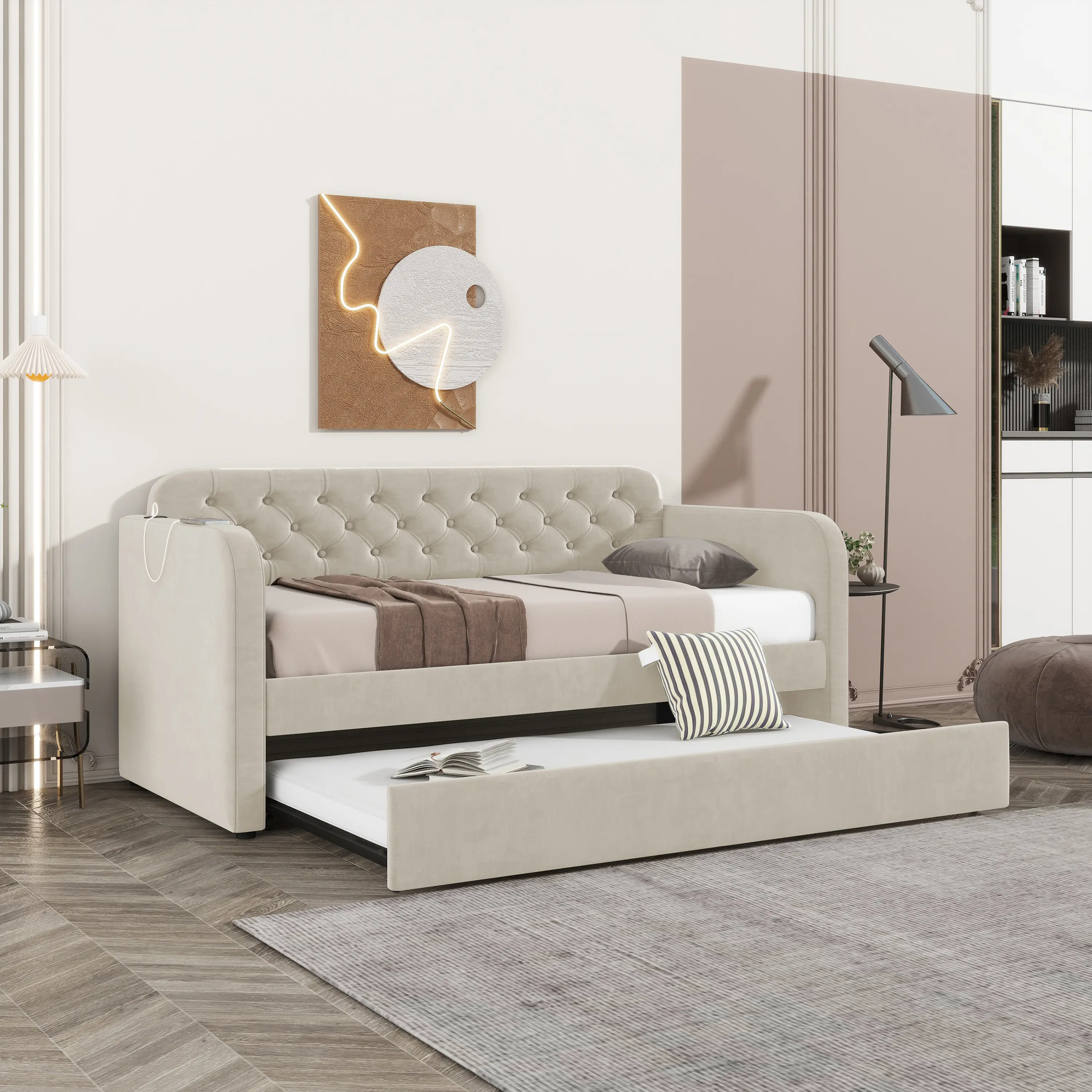 ARCH Twin Size Upholstered Daybed with Trundle and USB Charging, Velvet Sofa Bed Frame with Plush Fabric, No Box Spring Needed, Twin Sofa Bed for Living Room Bedroom Guest Room, Light Beige, Bedroom Furniture for Bedroom, Guest Room, Kids Room