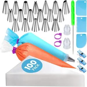 130 Pcs Piping Bags and Tips Set, Cakes Decorating Kit Supplies with 100 Pcs 12 Inch Piping Bags, 1 Reusable Pastry Bags, 18 Tips, 2 Couplers, 2 Bags Ties, 3 Clips, 1 Scriber Needle, 3 Cake Scraper