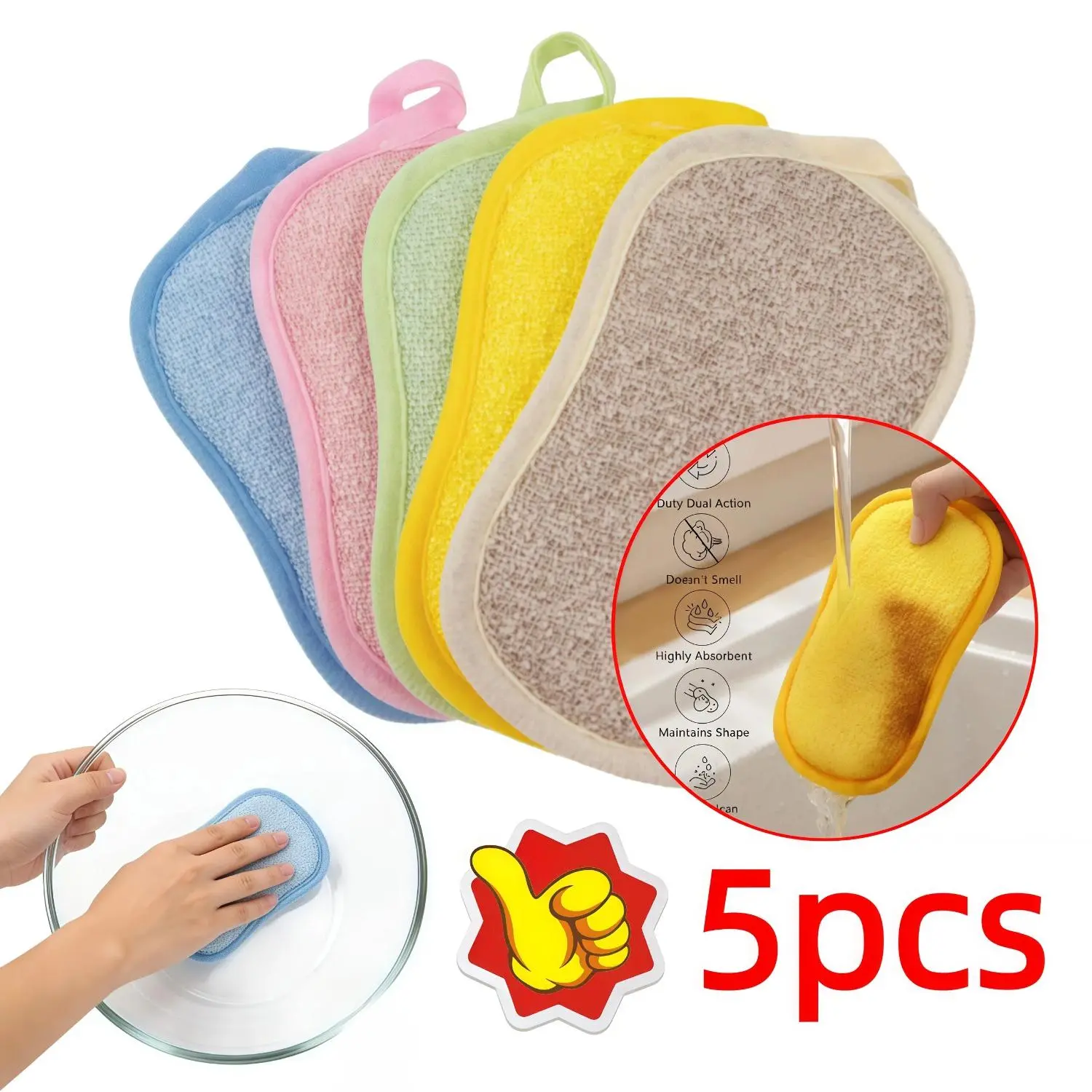 5pcs Sponge Cleaning Cloth - Washable and Reusable Kitchen and Bathroom Scrubber, Non-Scratch Pot and Dish Pads, Scratch Free Sponge, Suitable for Pots, Kitchen Cleaning Tools, Dishwashing Accessories