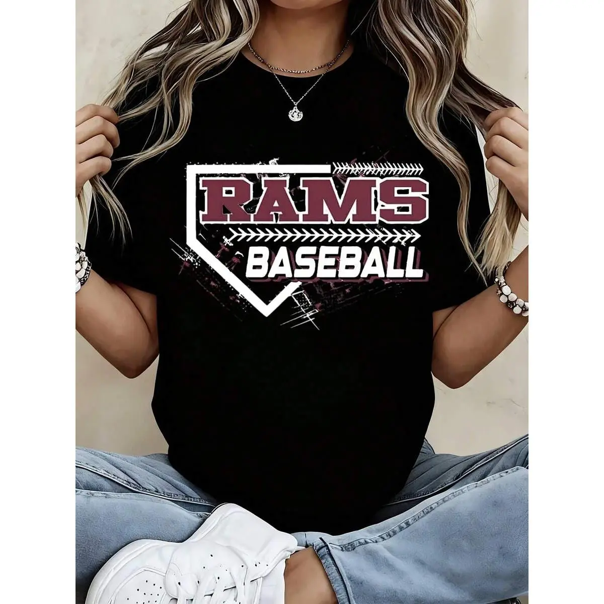 Women's Rams Baseball T-Shirt Featuring Bold Team Logo And Home Plate Graphic Perfect For Game Day Support And Casual Wear