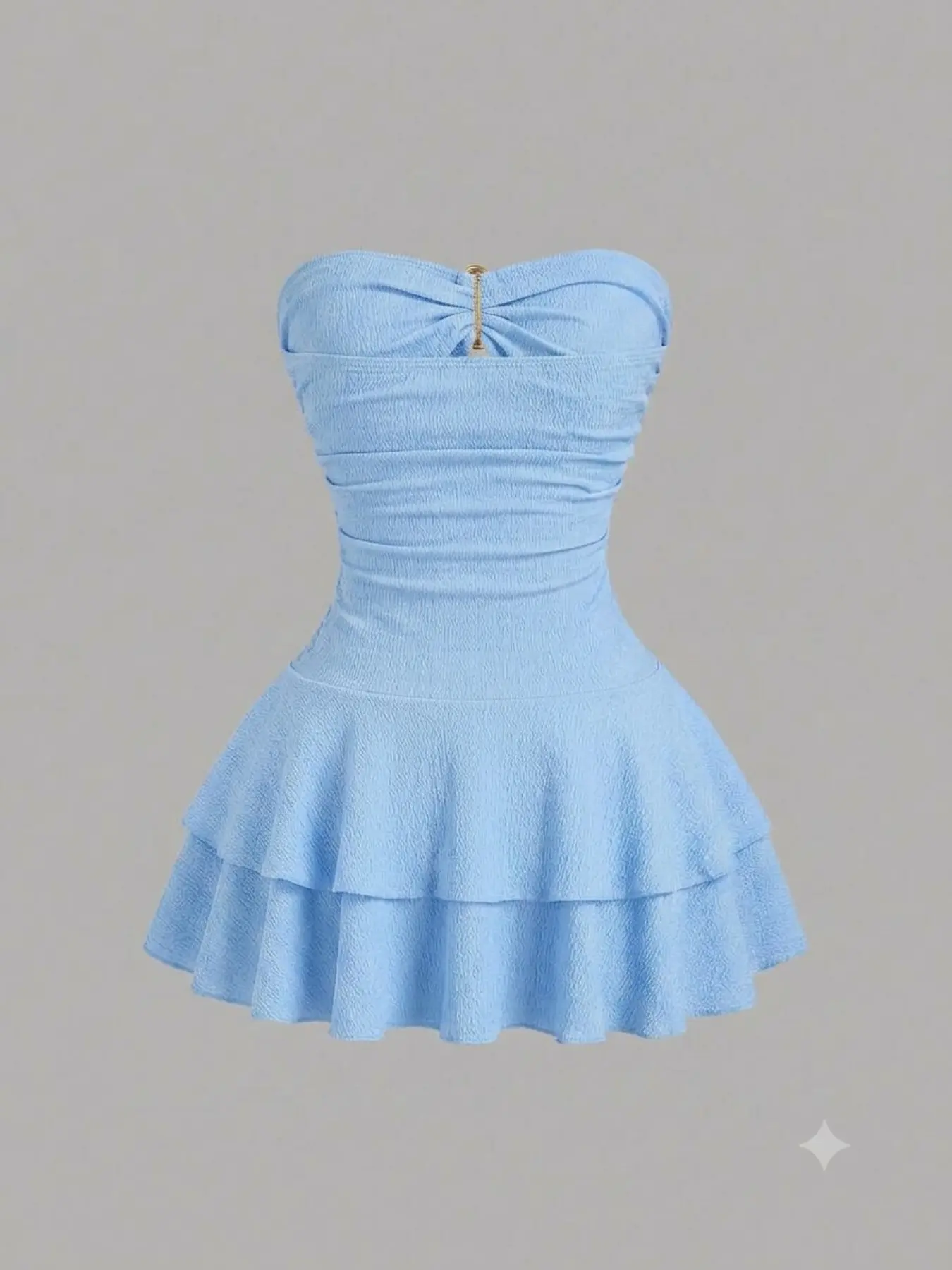Metallic Buckle Mini Dress with Ruffle Design, Sweet Sky Blue Color, Perfect for Dates, No Strap Style, Elegant and Chic