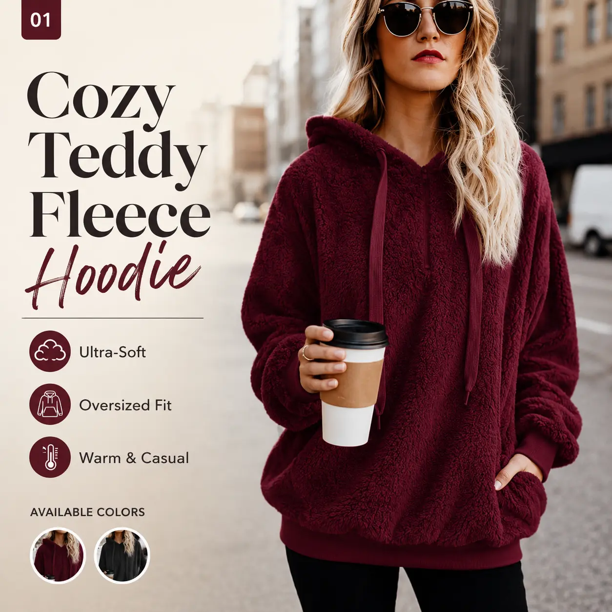 Women's Lady Basic Cute Oversized Teddy Fleece Hoodie - Ultra Soft Sherpa Pullover Sweatshirt with Kangaroo Pocket, Fit Warm Loose Hooded Piece for Lounge, Travel, Fall Winter S-5XL Burgundy Black