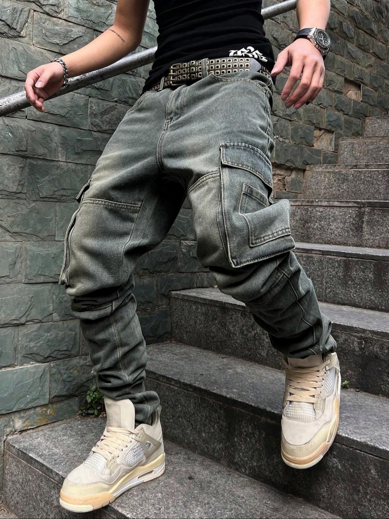 Men's Pioneer Trend Heavyweight Washed Vintage Street Casual Workwear Jeans Extra-Long Straight Loose Fit | Multi-Pocket Design for All Seasons | Button Closure Ideal for Men's Daily Wear