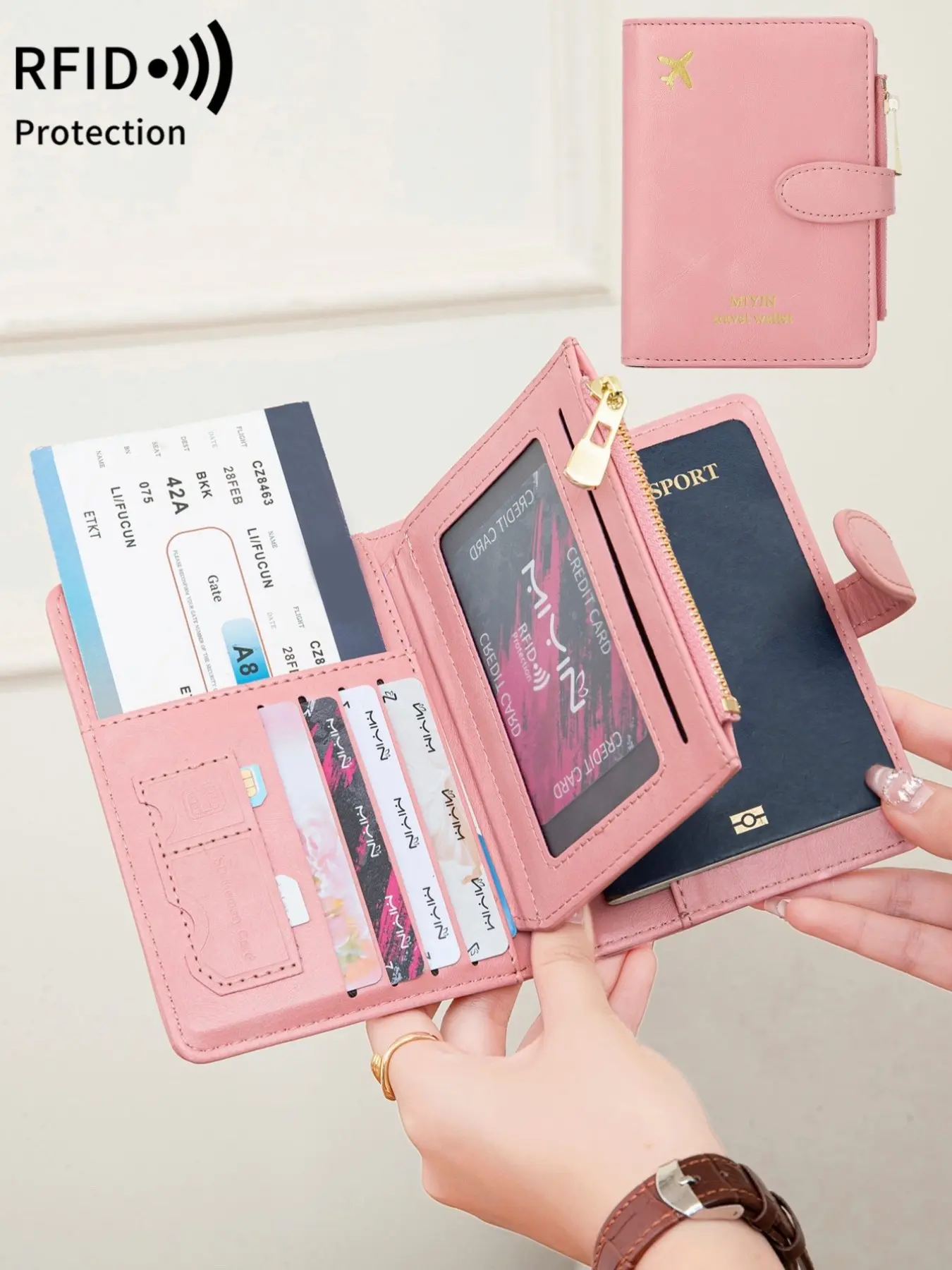 Airplane Print Minimalist Multi-Functional Short Triple Fold Passport Wallet, RFID Blocking Travel Document Holder, Zipper Coin Pocket, Multiple Card Slots, Compact Card Storage, Ideal For Travel & Trips