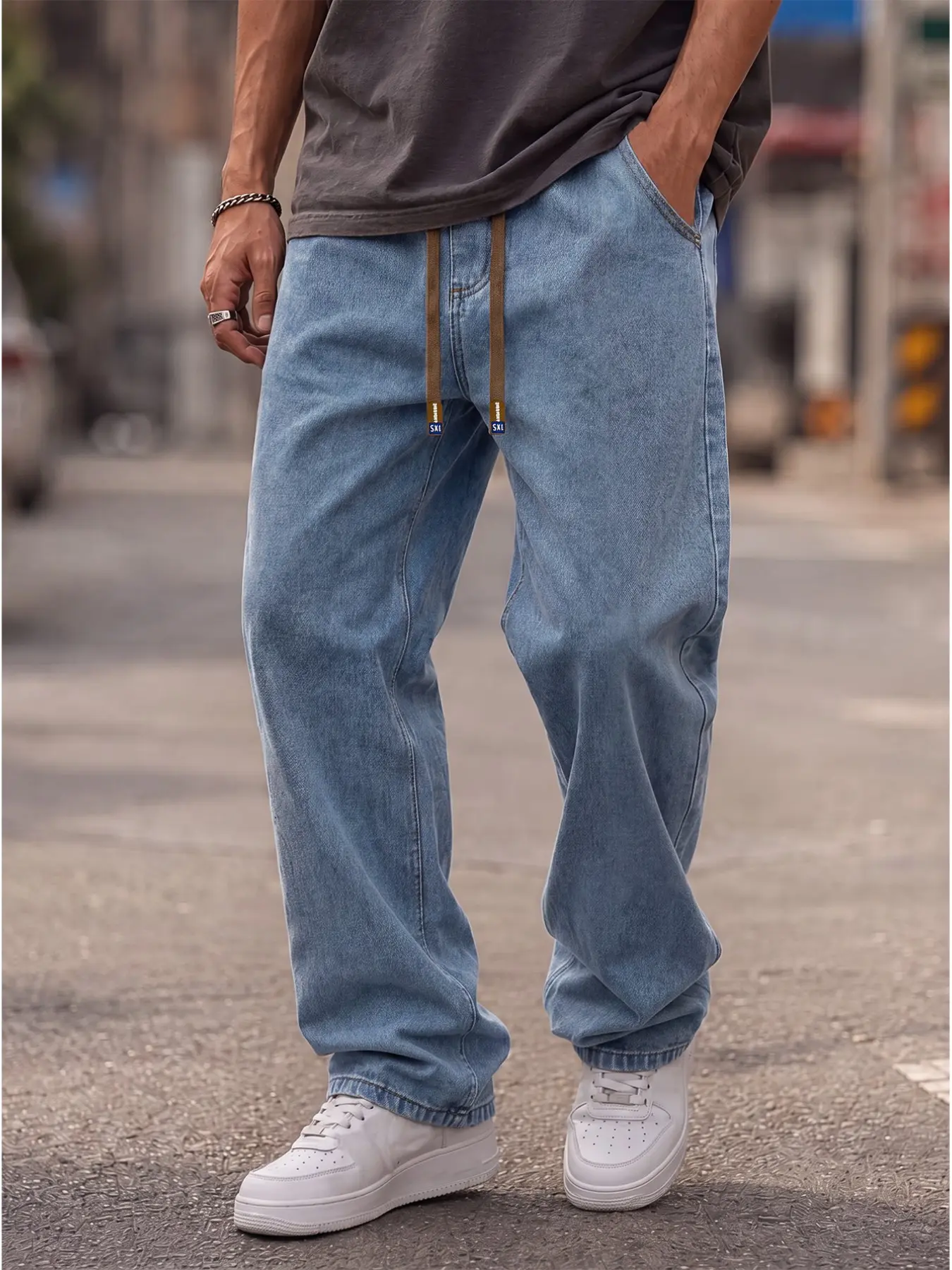 Men's all-season straight-leg denim jean pants, elastic waistband with drawstring design, American casual streetwear style, an essential piece for everyday street outfits
