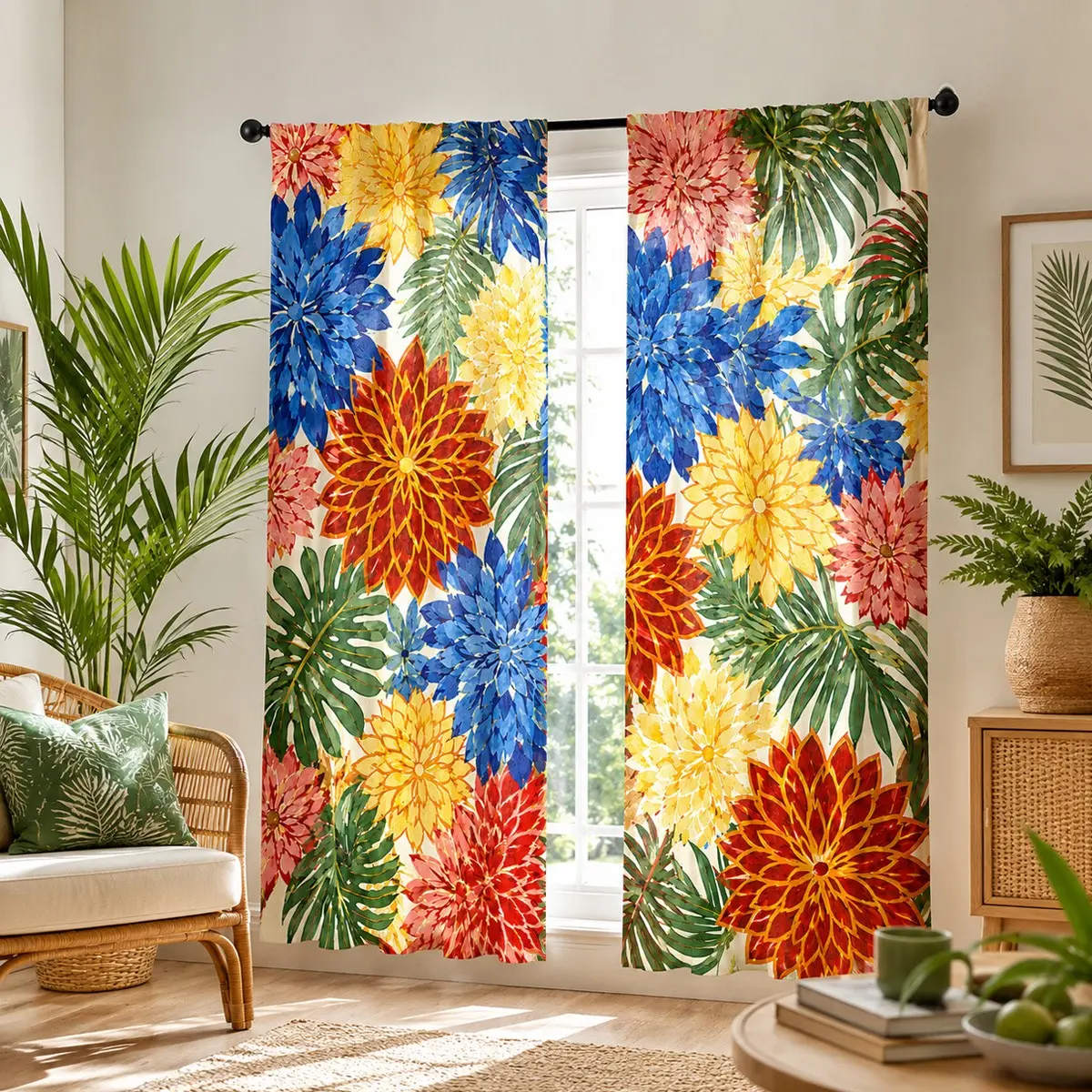 2-Pack Tropical Watercolor Drapes, Blockout Curtains with Bold Palm Leaf Print, Farmhouse Style for Living Room, Balcony, Bedroom
