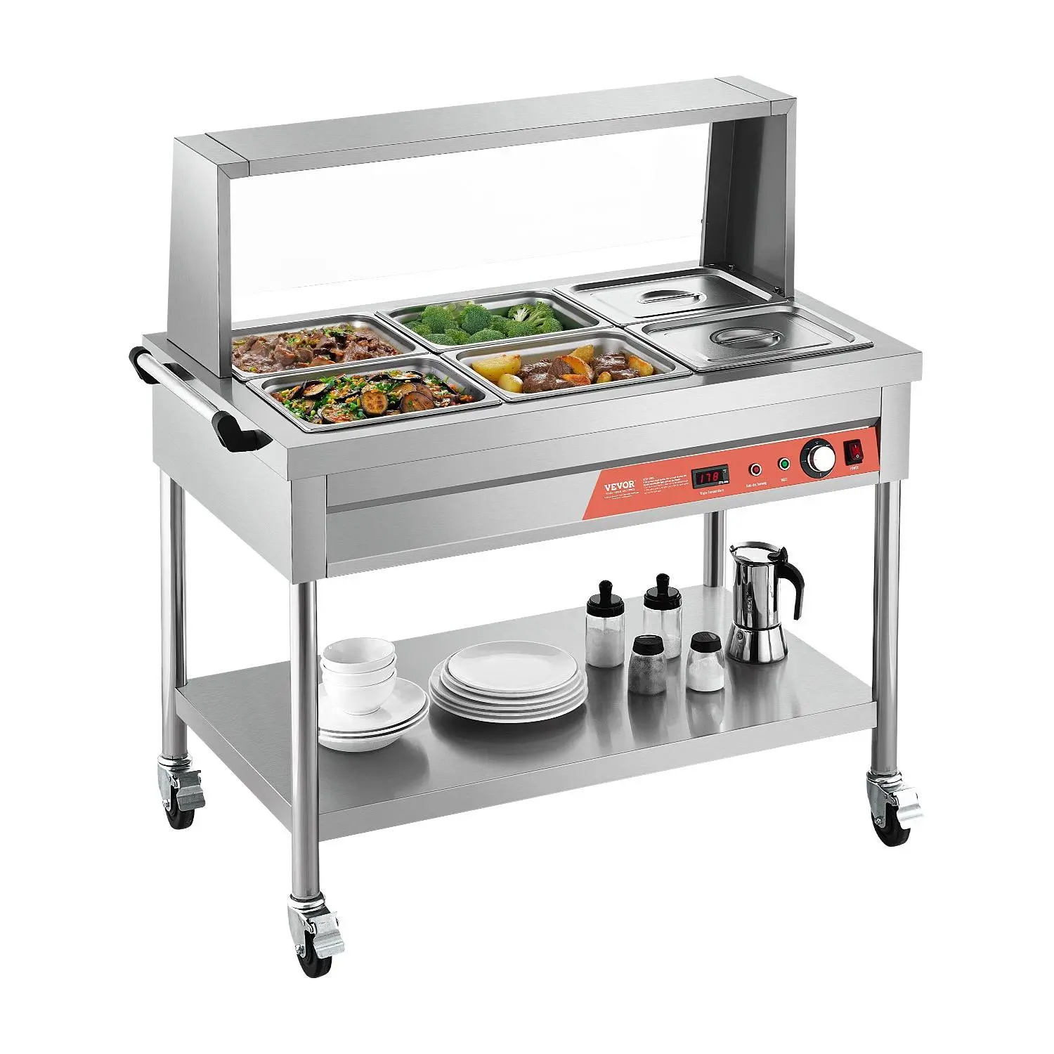 VEVOR 6-Pan Commercial Food Warmer, 6x1/2 Food Pans Electric Steam Table, 1500W Stainless Steel Server with Anti-Dry Burning Protection, Shield, Undershelf, Wheels, 42.91x25.20x33.46 Inches, 76.39 Lbs for Restaurant Use