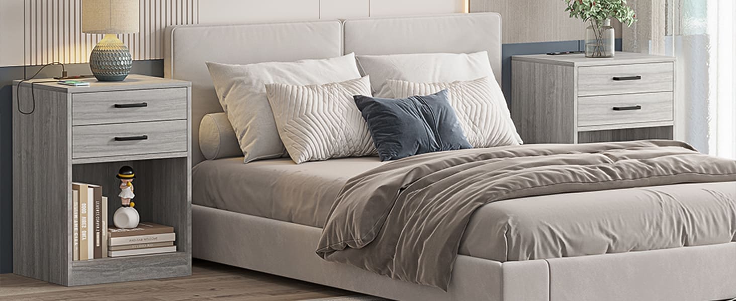 Sikaic 2Pcs Nightstand with Charging Station Modern Bedside Table with 2 Drawers and Open Storage Shelf for Bedroom