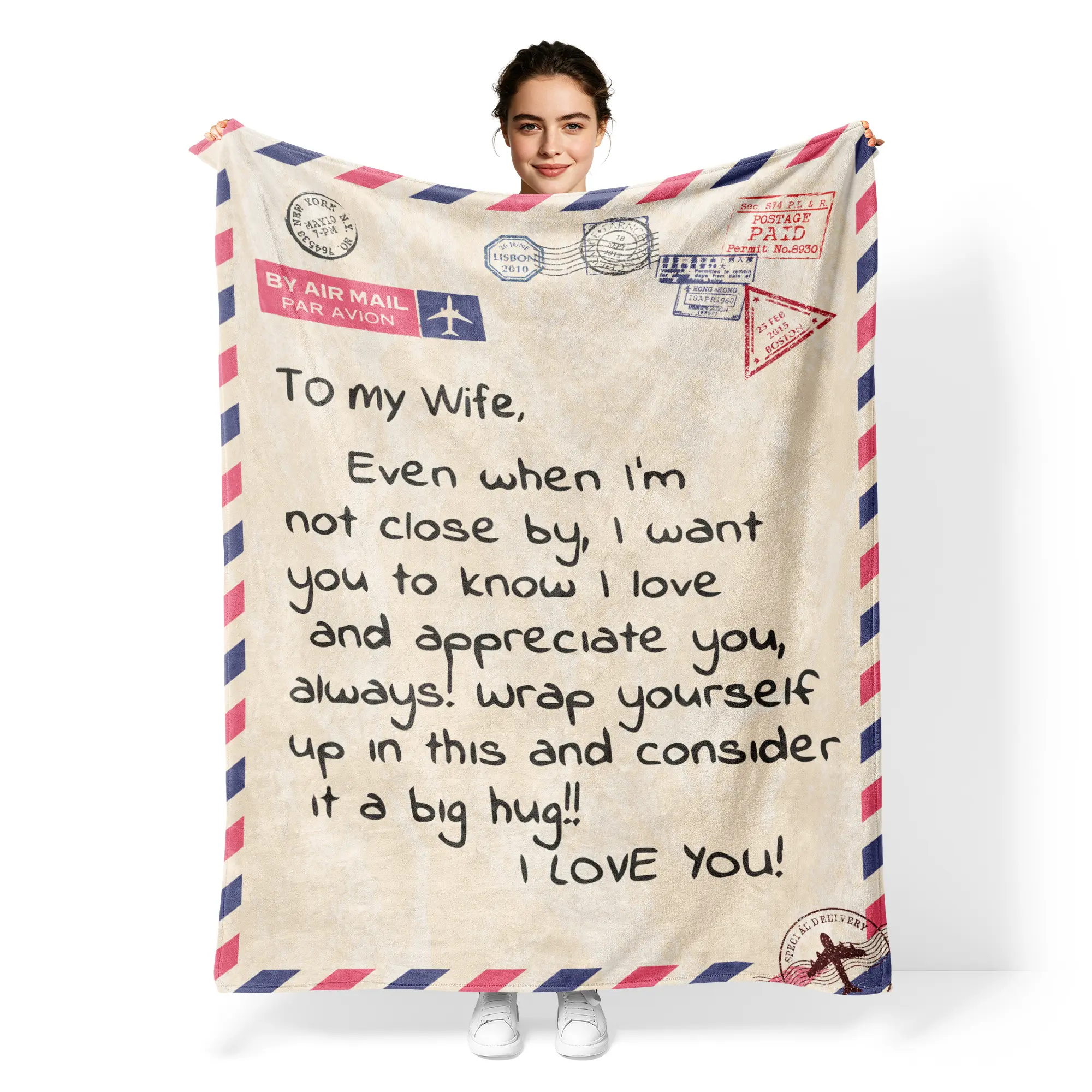 Airmail Blanket For Wife Who Lives Far Away – Soft Flannel Throw With "I Miss You" Postmark Design. Long Distance Marriage Gift For Anniversary Birthday Christmas. Cozy Keepsake From Husband. Dropshipping & Wholesale. 10% For Creators., Military, Grief, V