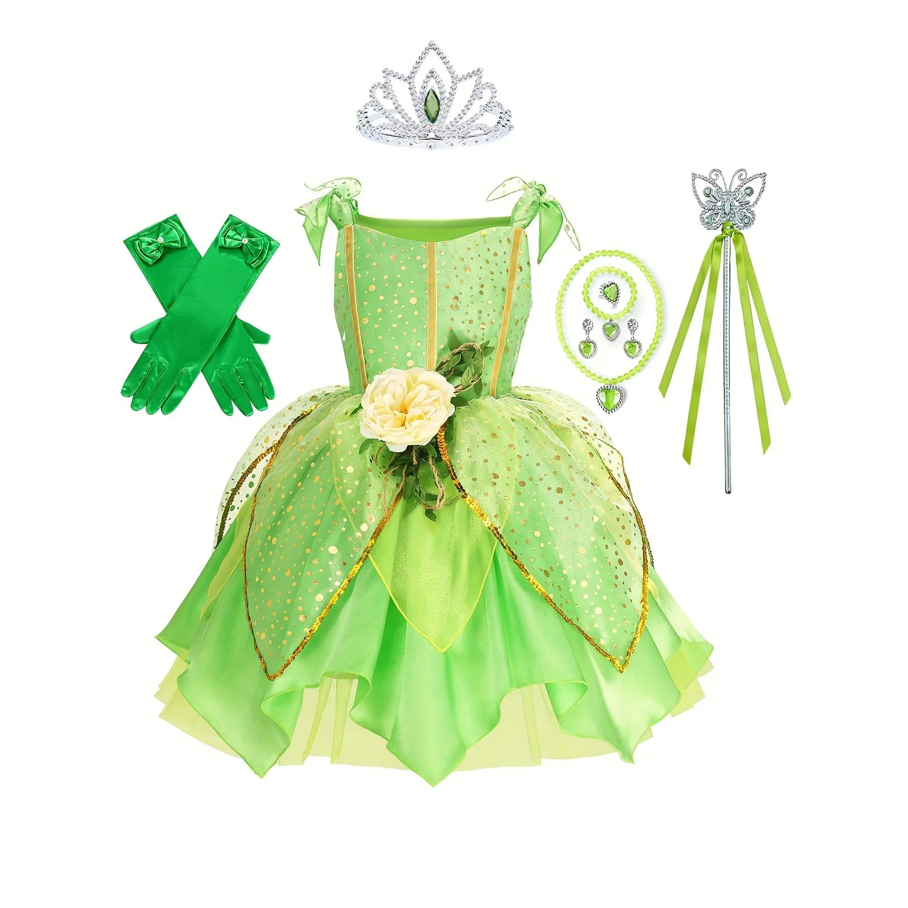 Girls' Green Fairy Tale Princess Dress Outfits - Asymmetrical Skirt, Petal Hem, Party Wear, Halloween Carnival Outfit, Children Sizes, Includes 8pcs Set (Crown, Magic Wand, Gloves, Jewelry)