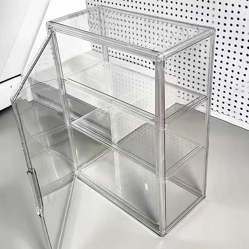 Multi-layer shelf transparent display cabinet provides ideal protection for collectibles and valuables in modern homes. It does not require electricity or batteries.