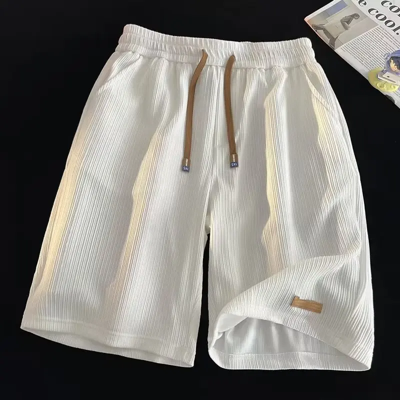 Men's Vertical Textured Casual Shorts, Elastic Waist Drawstring Loose Knee‑Length Shorts, Soft Lightweight Summer Lounge Shorts with Small Patch Decor & Side Pockets, Multiple Colors Available