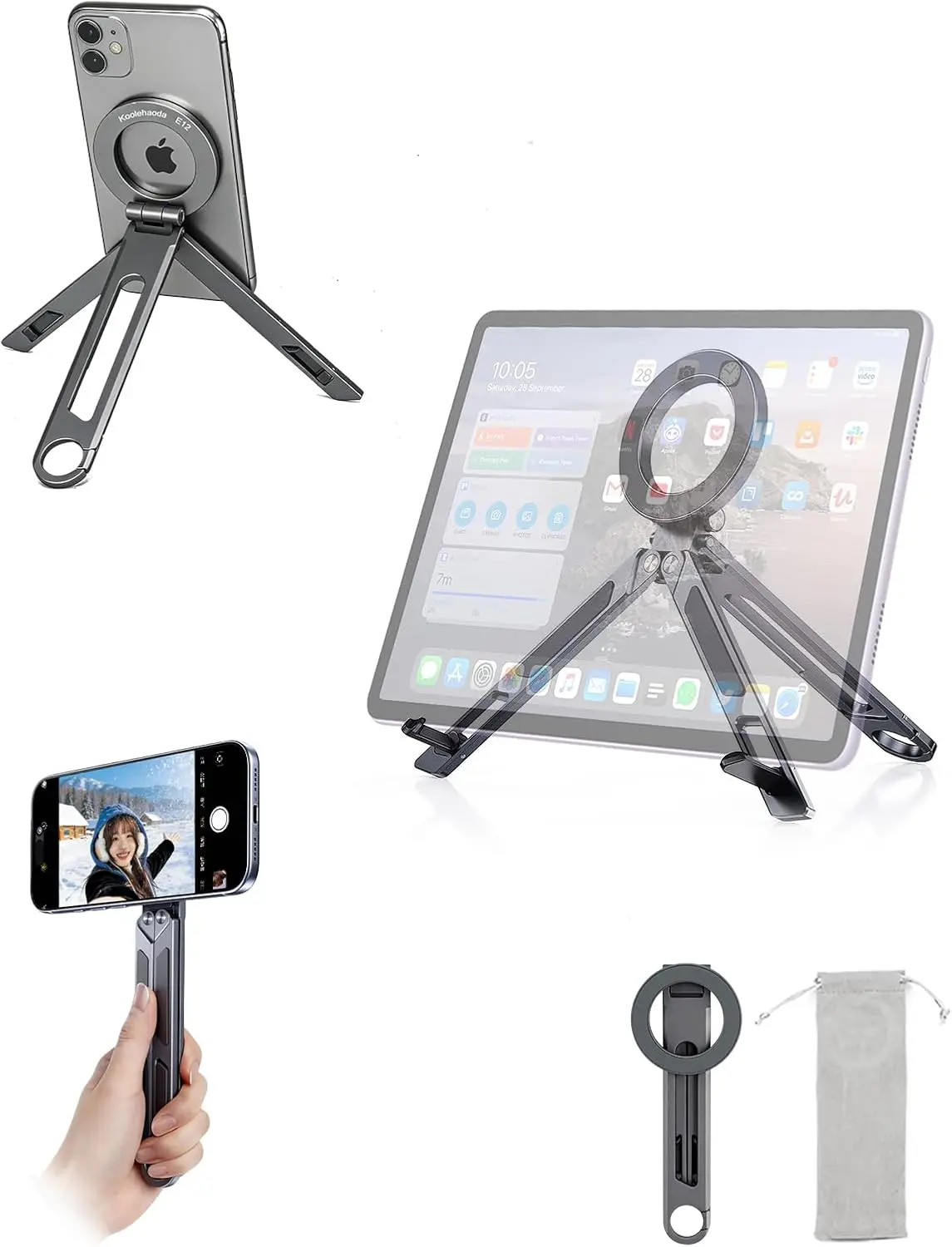 Magnetic iPad Tripod Stand Universal Phone Holder for iPad Pro/Air/Mini & iPhone 17-12 Series - Aluminium Maglock Smartphone Mini Tripod | Tablet Holder Stand Compatible with MagSafe Phones/Tablets
