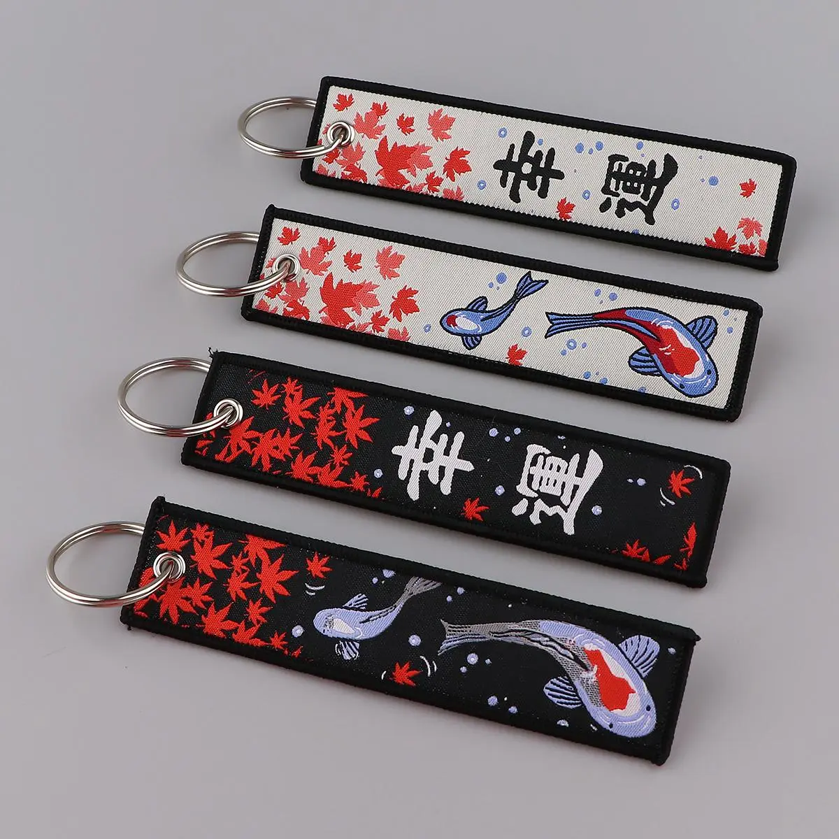 Japanese Luck Embroidered Rectangular Tag Keychains - Women's Fashion Costume Jewelry, Car & Motorcycle Key Holders, Gifting Accessories Showing Different Patterns, Embroidering, Double-Side, Chain Keychains, Compact Keychains
