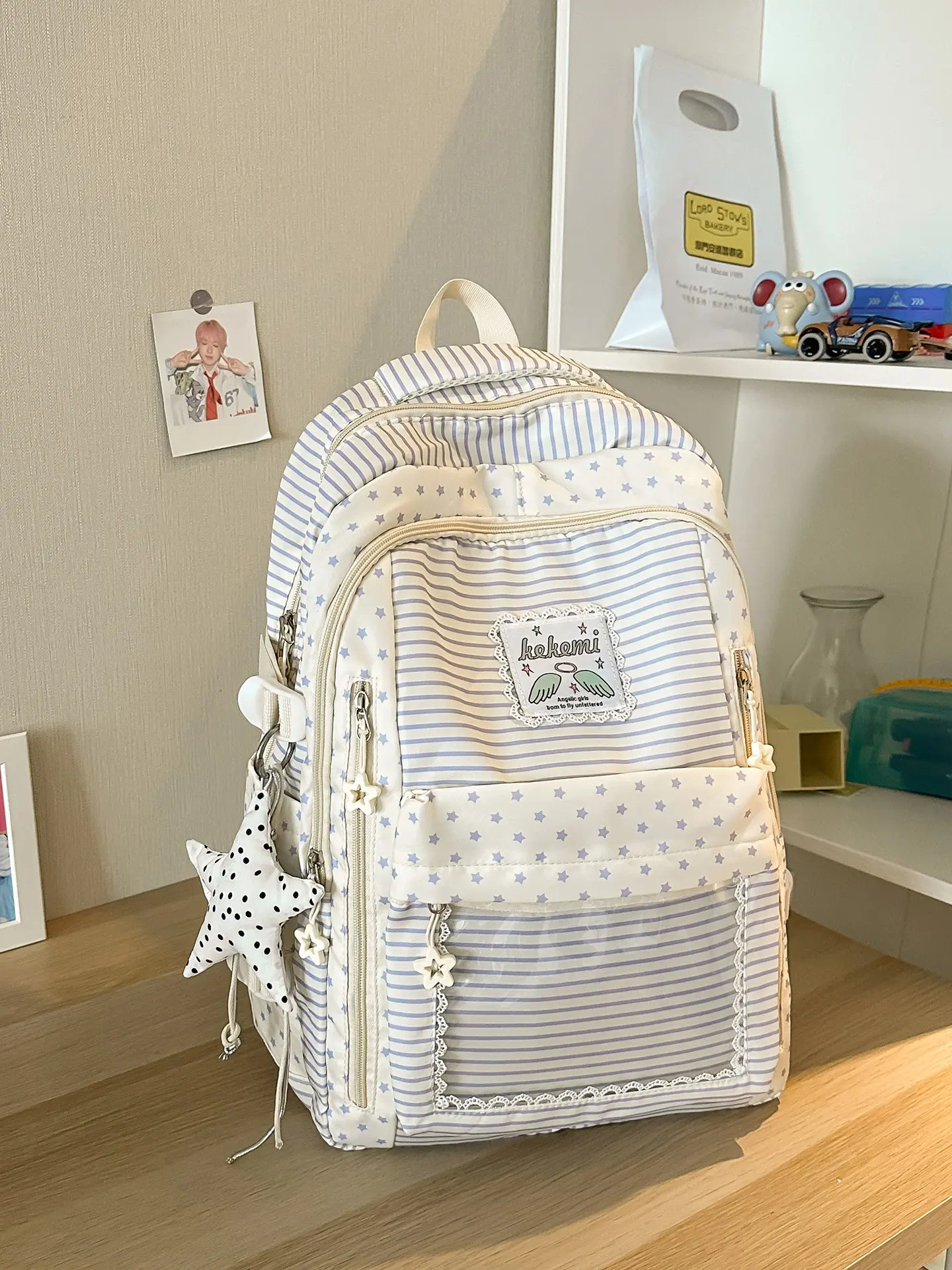 Sweet Striped Star Backpack, Girl's Heart Lace Polka Dot Details, Large Capacity Student Commuter Bag, Lightweight Everyday Backpack