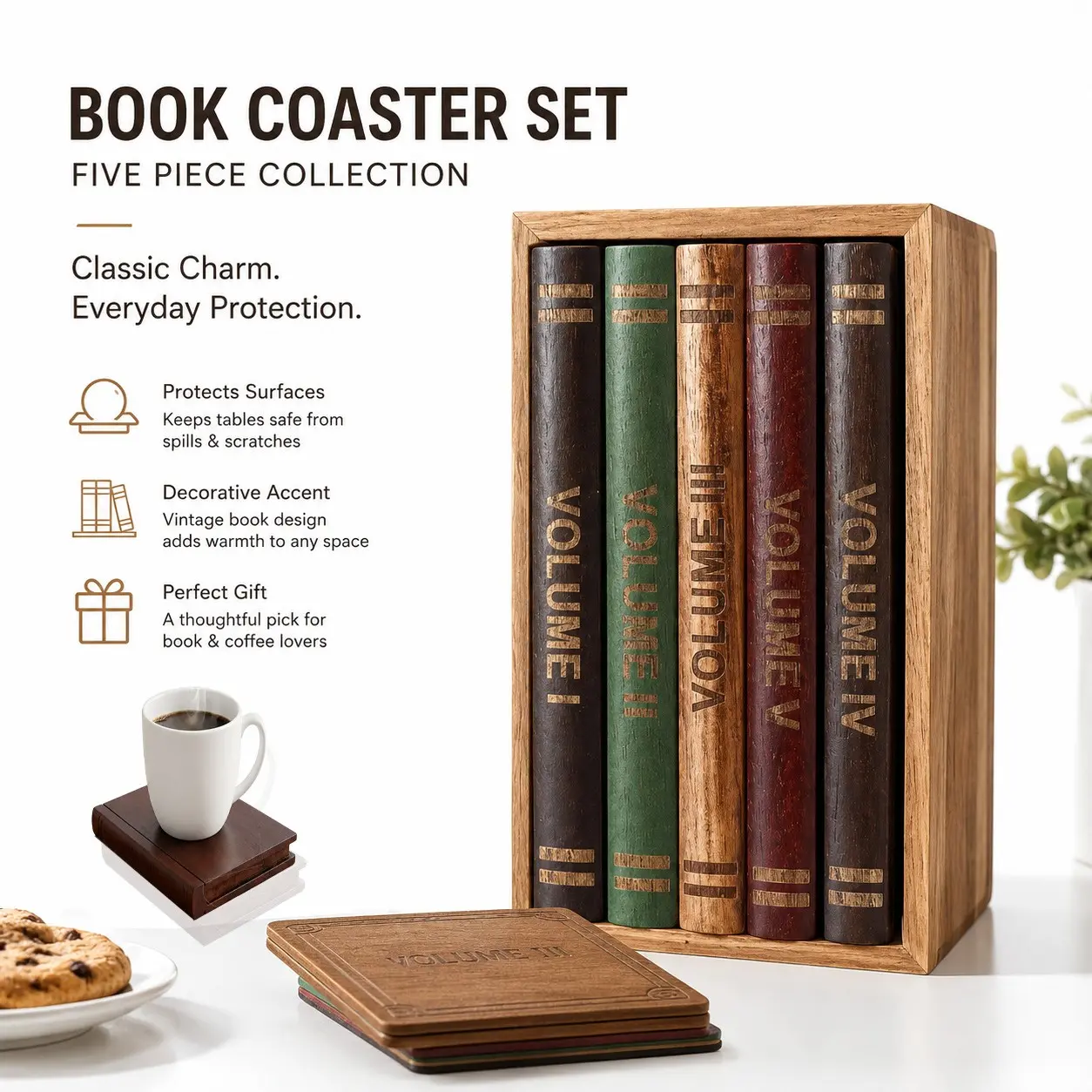 Five-Piece Wooden Book Cup Mat Set, Elegant Desktop Decor, Perfect for Tea and Wine, Natural Wood, Stylish Design, Gift Idea, Wood Coasters, Coasters for Drinks, Decorative Coaster, Aesthetic