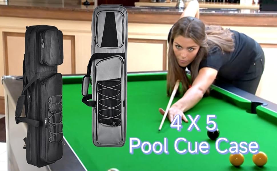 Pool Cue Case 4x5, Lightweight Pool Stick Holder Bag with Multi Pockets and Shoulder Strap, Soft Padded Billiard Stick Carrying Case Holds 4 Butts and 5 Shafts