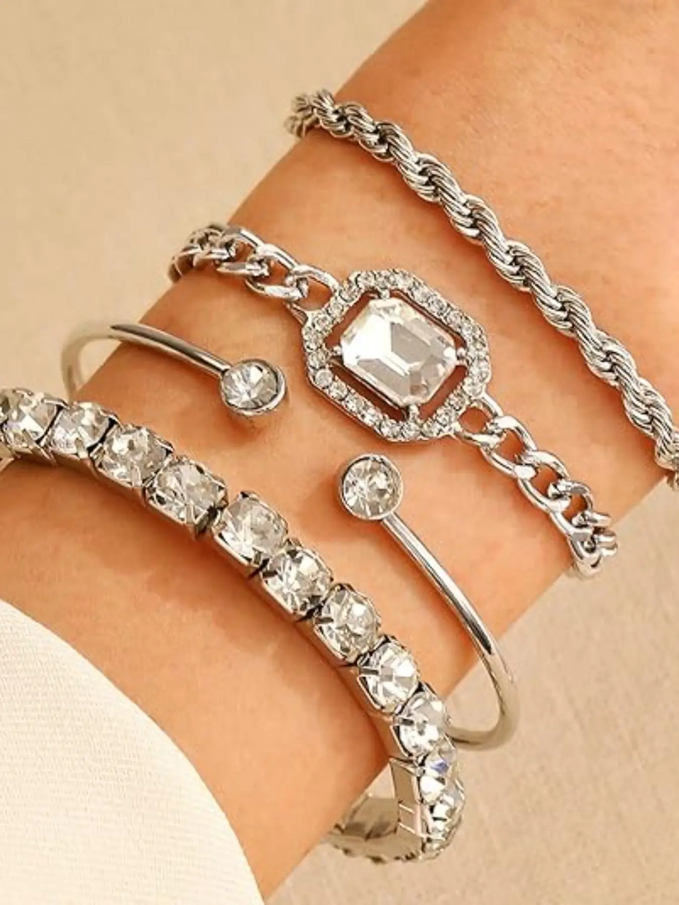4-Piece Shiny Layered Bracelet Set, Imitation Crystal Tennis Bracelet, Twisted Rope Chain, Party Gift for Bridesmaids, Women's Jewelry
